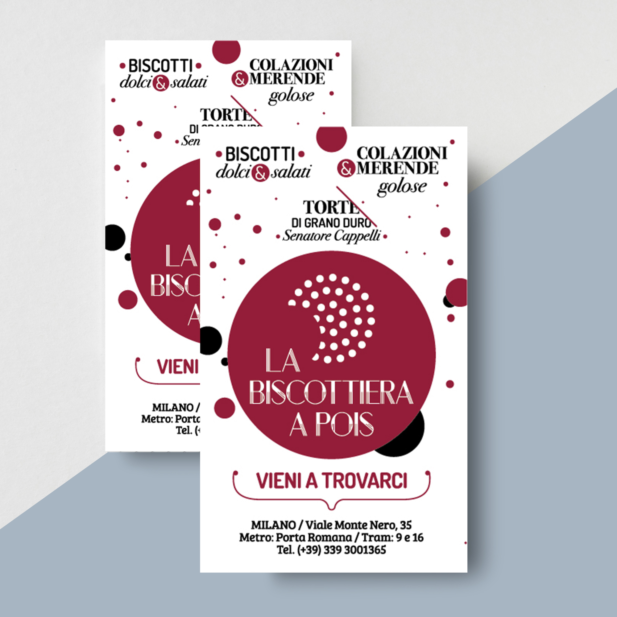 Flyer comunicazione apertura punto vendita biscottiera a pois Milano