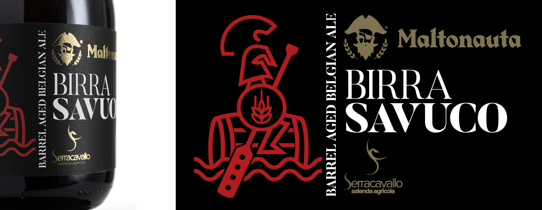 Il concetto del Maltonauta, di navigatore tra i fiotti della birra, è racchiuso non soltanto nel logotipo aziendale che ritrae un pirata barbuto, ma anche nel visual minimal ed elegante della Birra Savuco, la birra che matura nelle botti del vino Savuco dell’azienda agricola Serracavallo.